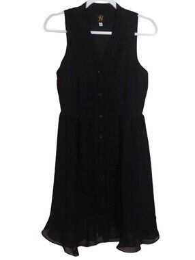 S+B Black Semi Sheer Sleeveless Button-Front Ruffle Dress LBD Vintage Size 2